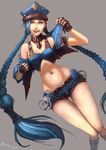  absurdres badcompzero badge bare_shoulders blue_hair braid breasts cuffs fingerless_gloves gloves handcuffs hat highres jinx_(league_of_legends) league_of_legends long_hair nail_polish navel police_hat purple_eyes signature small_breasts solo thigh_gap twin_braids very_long_hair wide_hips 