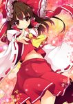  ascot autumn_leaves bow brown_eyes brown_hair detached_sleeves hair_bow hair_tubes hakurei_reimu highres ken123456 long_sleeves looking_at_viewer midriff outstretched_arm outstretched_hand shirt skirt smile solo touhou wide_sleeves 