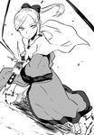  battoujutsu_stance bow cape character_request fighting_stance greyscale hair_bow hand_on_hilt long_hair monochrome ponytail sandals scabbard sheath sword tabi tsukudani_(coke-buta) tsurime unsheathing weapon 