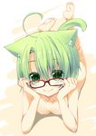  ahoge animal_ears barefoot cat_ears cat_tail colored_eyelashes dodome-iro_mayonnaise feet flat_chest glasses green_eyes green_hair looking_at_viewer lying nipples nude on_stomach original red-framed_eyewear sharon_(dodomayo) short_hair smile solo tail 