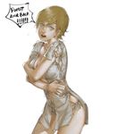  blonde_hair blue_eyes breasts cleavage covering covering_breasts cowboy_shot hospital_gown large_breasts narrator_(nobody) panties resident_evil resident_evil_6 sherry_birkin short_hair solo underwear 