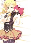  bad_id bad_pixiv_id beret blonde_hair breasts brown_legwear charlotte_(madoka_magica) corset detached_sleeves drill_hair fingerless_gloves gloves hat large_breasts magical_girl mahou_shoujo_madoka_magica one_eye_closed pleated_skirt puffy_sleeves sasakura skirt smile striped striped_legwear thighhighs tomoe_mami twin_drills twintails vertical-striped_legwear vertical_stripes yellow_eyes 
