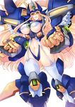  areola_slip areolae blonde_hair breasts garter_straps haganef headgear highleg huge_breasts lace lace-trimmed_thighhighs long_hair looking_at_viewer mecha_musume midriff navel neo_granzon open_mouth simple_background skindentation solo super_robot_wars super_robot_wars_original_generation super_robot_wars_the_lord_of_elemental thighhighs underboob very_long_hair white_background white_legwear yellow_eyes 
