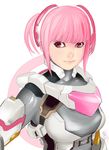  bad_id bad_pixiv_id breasts brown_eyes closed_mouth face kusagami_style large_breasts lips original pink_hair power_suit signature simple_background smile solo upper_body white_background 