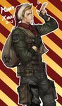  blue_eyes fingerless_gloves gloves hat heart highres male_focus merry_christmas military military_uniform narrator_(nobody) piers_nivans pointing pointing_up resident_evil resident_evil_6 sack santa_hat solo uniform 