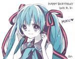  1girl adjusting_headphones anzu_(o6v6o) aqua_eyes aqua_hair aqua_neckwear artist_name bangs black_ribbon blue_eyes blue_hair character_name collared_shirt dated frilled_shirt_collar frills hair_ribbon hands_on_headphones happy_birthday hatsune_miku headphones heart light_blush long_hair looking_at_viewer neckerchief pale_skin pink_ribbon ribbon shirt simple_background sleeveless sleeveless_shirt smile solo spot_color striped striped_ribbon twintails upper_body vocaloid white_background 