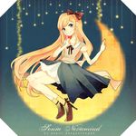  blonde_hair blue_eyes bow braid character_name conoha crescent_moon danganronpa dress hair_bow high_heels long_hair moon ponytail sitting solo sonia_nevermind star super_danganronpa_2 thighhighs very_long_hair 