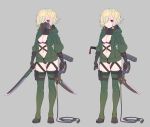  1girl absurdres bangs blonde_hair blush boots breasts cleavage closed_mouth gas_mask green_footwear green_jacket green_legwear grey_background hair_over_one_eye highres holding holding_sword holding_weapon hood hood_down hooded_jacket jacket looking_at_viewer medium_breasts multiple_views nagisa_kurousagi navel open_clothes open_jacket original purple_eyes sheath sheathed simple_background smile standing sword thigh_boots thighhighs unsheathed weapon 