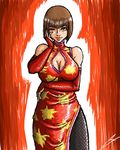  anna_williams bare_shoulders blue_eyes bob_cut borockman breasts bridal_gauntlets brown_hair china_dress chinese_clothes cleavage cleavage_cutout dress eyeshadow fishnet_pantyhose fishnets lips makeup one_eye_closed pantyhose short_hair side_slit solo tekken 