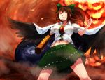  alternate_hairstyle arm_cannon bad_anatomy black_wings bow breasts brown_hair cape hair_bow large_breasts long_hair minami_koyogi ponytail red_eyes reiuji_utsuho skirt smile solo touhou weapon wings 