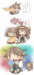  ahoge brown_hair chibi cutting_hair detached_sleeves hairband hiei_(kantai_collection) japanese_clothes kantai_collection kongou_(kantai_collection) mirror multiple_girls nontraditional_miko open_mouth severed_hair sleeping sweatdrop tanaka_ahiru translated wide_sleeves 