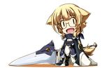  1girl adele_balfetto animal_ears blonde_hair bodysuit chibi female glasses kyoukaisenjou_no_horizon lance polearm shikei smile solo weapon 