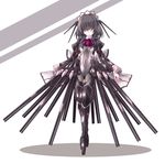  armor black_hair bodysuit bow bowtie expressionless funnels hair_over_eyes hisui_(syarute) long_hair looking_at_viewer maid_headdress mecha_musume original red_bow red_neckwear simple_background solo standing thighhighs white_background 