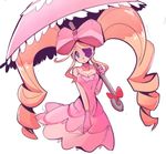  bare_shoulders big_hair blonde_hair blue_eyes bow breasts cleavage collarbone cropped_legs curly_hair dress drill_hair eyepatch gloves hair_bow harime_nui heart holding holding_umbrella huge_bow kill_la_kill large_bow long_hair medium_breasts mismatched_gloves pink_bow pink_dress pink_gloves pink_umbrella purple_eyepatch sho-n-d simple_background solo strapless strapless_dress twin_drills twintails umbrella very_long_hair white_background 