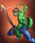  abs anthro back biceps black_nose blue_eyes brown_fur brown_hair canine claws clothed clothing collar cyan_eyes dual_wielding fangs fur green_fur grin hair half-dressed half_naked looking_at_viewer male mammal muscles pants pawpads paws plain_background pose smile solo standing sword teeth toe_claws toned topless vallhund weapon wolf 