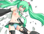  blush breasts detached_sleeves exploding_clothes green_hair hatsune_miku long_hair mono_(moiky) navel necktie nipples open_mouth panties small_breasts solo striped striped_panties thighhighs torn_clothes torn_legwear transparent_background twintails underwear vocaloid 