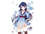 blue_eyes blue_hair butterfly caidychen cleavage dress long_hair necklace original thighhighs white 