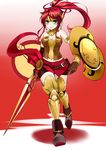  absurdres armor bare_shoulders belt blossomsa boots breasts brown_gloves cape cleavage earrings elbow_gloves eyeshadow forehead_protector gloves gorget gradient gradient_background green_eyes grin highres jewelry large_breasts long_hair makeup milo_and_akouo navel polearm ponytail pyrrha_nikos red_hair rwby shield smile solo spear vambraces walking weapon 