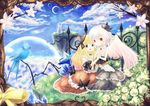  2girls animal bird blonde_hair blue_eyes dress flowers grass moon original red_eyes runathito short_hair white_hair wings 