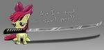  apple_bloom_(mlp) bow cub cute dialog english_text equine female feral friendship_is_magic fur hair hair_bow handle hereticofdune hi_res horse katana mammal my_little_pony pony red_hair sad solo sword text weapon yellow_fur young 