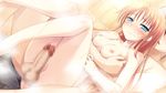  16:9 1boy 1girl arima_yousuke bath blonde_hair blue_eyes blush breasts brown_hair censored collarbone game_cg hatano_ririko ko~cha long_hair mixed_bathing nipples nude penis short_hair steam wet witch&#039;s_garden witch's_garden 