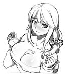  bad_id bad_pixiv_id bare_shoulders biting blush breast_squeeze breasts bust_cup cleavage greyscale jjune large_breasts lip_biting long_hair monochrome original scrunchie simple_background solo sweater white_background 
