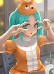  aqua_hair chair cup double_v dress eyebrows green_eyes hat highres looking_at_viewer monogatari_(series) ononoki_yotsugi open_mouth short_eyebrows short_hair short_sleeves siraha sitting solo table twintails upper_body v v_over_eye 