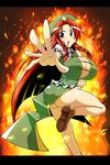  1girl ass blue_eyes braid breasts cleavage covered_nipples erect_nipples female fighting_pose fire flame hat hong_meiling huge_breasts leg_lift legs long_hair no_panties open_mouth red_hair regls shoes solo standing touhou 