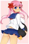  ass bad_id bad_pixiv_id blue_eyes blue_skirt bow breasts etopen hair_bow haramura_nodoka highres hukasikasi kiyosumi_school_uniform large_breasts long_hair looking_at_viewer looking_back no_panties pink_background pink_hair saki school_uniform serafuku skirt solo stuffed_animal stuffed_penguin stuffed_toy twintails 