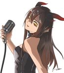  1 1girl artist_request brown_hair capcom fatalis female girl horns microphone monster_girl monster_hunter redlion solo tongue yellow_eyes 