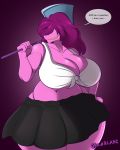  2018 5_fingers anthro big_breasts biped black_bottomwear black_clothing black_skirt breasts cleavage clothed clothing collarbone deep_navel deltarune dialogue digital_media_(artwork) english_text female front_view gin-blade grin hair hair_over_eyes hand_on_hip hi_res holding_object holding_weapon humor lighting long_hair melee_weapon midriff monster muscular navel pink_body pink_scales polearm portrait pun purple_background purple_hair reptile scales scalie shadow sharp_teeth signature simple_background skirt slightly_chubby smile solo susie_(deltarune) teeth text thick_thighs threat three-quarter_portrait tied_shirt voluptuous weapon white_clothing white_shirt white_topwear wide_hips yellow_teeth 