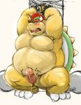  2013 anthro anthrofied barefoot bdsm beige_nose belly bipedal blush bondage bound bowser chain chubby claws erection hair horn king koopa kotabuki male mario_bros nintendo nude obese open_mouth overweight penis plain_background reptile royalty scalie shell solo spikes teeth thick_thighs tongue turtle video_games white_background 