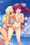  2girls arm arms assisted_exposure bare_legs bare_shoulders beach bikini blonde_hair blue_eyes blush breast_hold breast_press breasts cameltoe cleavage covering covering_breasts embarrassed feet_in_water female fixed game_cg green_eyes hairband happy highres large_breasts leg_lift legs long_hair looking_at_viewer lovebride_eve multiple_girls mutsumi_masato natsume_himawari navel ocean official_art open_mouth red_hair short_hair shy side-tie_bikini side_ponytail sky smile soaking_feet standing swimsuit swimsuits topless undressing water whitesoft yuri yuzuya_miyu 
