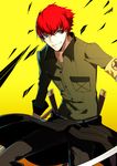  720yen grin highres minazuki_sho persona persona_4:_the_ultimate_in_mayonaka_arena red_hair scar short_hair silver_eyes smile sword weapon yellow_background 