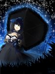  bad_id bad_pixiv_id black_dress black_hair blue_eyes breasts choker cleavage dev dress grass green_eyes hat heterochromia highres large_breasts looking_up mini_hat mini_top_hat night open_mouth original short_hair signature sky solo star_(sky) starry_sky top_hat umbrella 