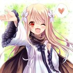  ;d anais_del_caril arm_up blonde_hair cape dress fang flower hair_flower hair_ornament heart long_hair long_sleeves looking_at_viewer one_eye_closed open_mouth red_eyes smile solo spoken_heart tales_weaver white_dress wide_sleeves yuya_(night_lily) 