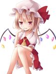  ascot bad_id bad_pixiv_id blonde_hair flandre_scarlet hand_to_own_mouth hat hat_ribbon looking_at_viewer mob_cap open_mouth pink_eyes puffy_sleeves red_skirt ribbon rin_yuu shirt short_sleeves side_ponytail simple_background sitting skirt smile solo touhou white_background wings 