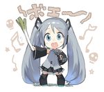  aqua_eyes aqua_hair chibi detached_sleeves hatsune_miku heart heart_in_mouth long_hair microphone music musical_note necktie open_mouth singing skirt skull smile solo spring_onion thighhighs twintails very_long_hair vocaloid yasu zettai_ryouiki 