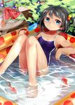 absurdres black_hair blue_eyes competition_school_swimsuit drink fish food fruit goldfish hair_bobbles hair_ornament highres one-piece_swimsuit original popsicle school_swimsuit short_hair swimsuit table wading_pool watermelon yumao_(miaowuxiaoxue) 