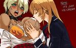  archvermin between_breasts bikini_top blazer blonde_hair blush breast_lift breast_slip breast_sucking breasts collar dark_skin deep_skin flame_print food green_eyes ice_cream interracial jacket large_breasts lips mito_ikumi multiple_girls nakiri_erina off_shoulder one_breast_out shokugeki_no_souma silver_hair suggestive_fluid sweat tootsuki_saryou_ryouri_gakuen_uniform yuri 