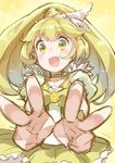  blonde_hair blush bow choker cure_peace double_v foreshortening frilled_skirt frills hair_flaps kise_yayoi long_hair magical_girl open_mouth precure skirt smile smile_precure! solo v yasu yellow yellow_background yellow_bow yellow_eyes yellow_skirt 