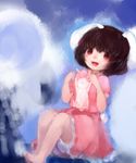  animal_ears bad_id bad_pixiv_id barefoot brown_eyes brown_hair bunny bunny_ears bunny_tail highres inaba_tewi looking_at_viewer maccha_cocoa_(mococo) open_mouth pink_skirt puffy_sleeves short_hair short_sleeves sitting skirt smile solo tail touhou 