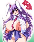  1girl animal_ears areola_slip areolae between_breasts breasts bunny_ears female hair_ornament huge_breasts huge_nipples large_areolae long_hair necktie nipples no_bra no_panties no_underwear open_clothes open_shirt puffy_nipples purple_hair pussy_peek red_eyes reisen_udongein_inaba semahiro shirt skirt solo touhou wide_hips 
