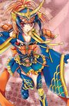  armor blue_hair boots breasts cleavage detached_sleeves food fruit kamen_rider kamen_rider_gaim kamen_rider_gaim_(series) lock_seed medium_breasts multicolored_hair neck_ribbon orange orange_eyes orange_hair personification ponytail ribbon rider-tan rider_belt sengoku_driver shisaki_tayu skirt solo strawberry thigh_boots thighhighs two-tone_hair 