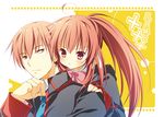  1girl bow brother_and_sister brown_hair little_busters! long_hair natsuki_coco natsume_kyousuke natsume_rin pink_bow ponytail pout red_eyes school_uniform short_hair siblings 