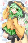  ankle_boots blouse blush boots green_eyes green_hair halftone halftone_background hand_on_headwear hat hat_ribbon heart highres komeiji_koishi legs_up long_sleeves looking_at_viewer open_mouth polka_dot polka_dot_background ribbon short_hair skirt solo touhou zenon_(for_achieve) zoom_layer 