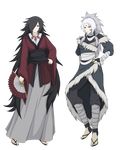  2girls black_hair fan genderswap highres long_hair multiple_girls naruto naruto_shippuuden senju_hashirama senju_tobirama uchiha_madara white_hair 