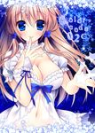  :p blue_bow blue_eyes blush bow breasts brown_hair cleavage collarbone dress english finger_to_mouth large_breasts looking_at_viewer navel navel_cutout original sorai_shin'ya star tareme text_focus tongue tongue_out traene_(sorai_shin'ya) white_dress wrist_cuffs 