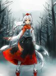  animal_ears bare_tree breath cloud cloudy_sky day detached_sleeves forest geta hand_on_hilt hat inubashiri_momiji looking_at_viewer nature outdoors parted_lips pom_pom_(clothes) red_eyes short_hair sketch skirt sky solo sword tabi tail tengu-geta tokin_hat touhou tree weapon white_hair winter wolf_ears wolf_tail zzzzzzzzzzzzzzp 