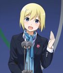  :d blonde_hair blue_eyes blush emblem erica_hartmann formal heart long_sleeves microphone open_mouth scarf short_hair smile solo strike_witches suit world_witches_series youkan 